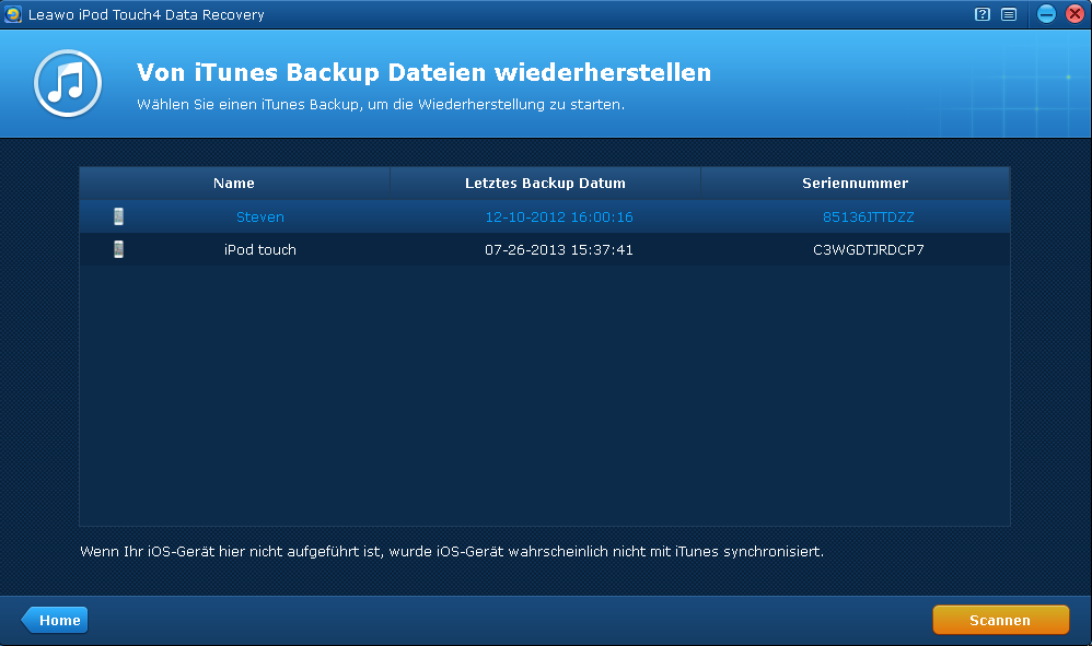 iTunes Backup für Scan auswählen