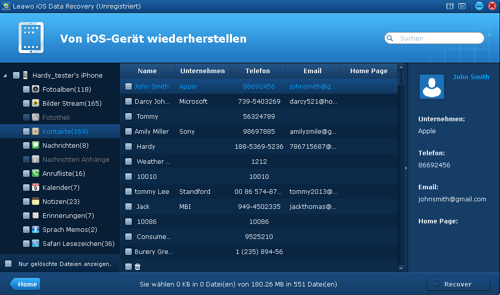 Wiederherzustellende Daten auswählen